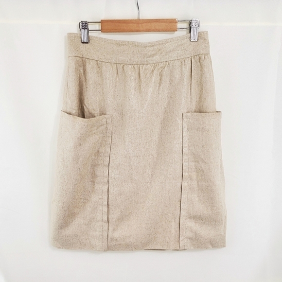 Cartonnier tan gold linen skirt patch pockets knee length size 4 (ripped lining) - Picture 1 of 10
